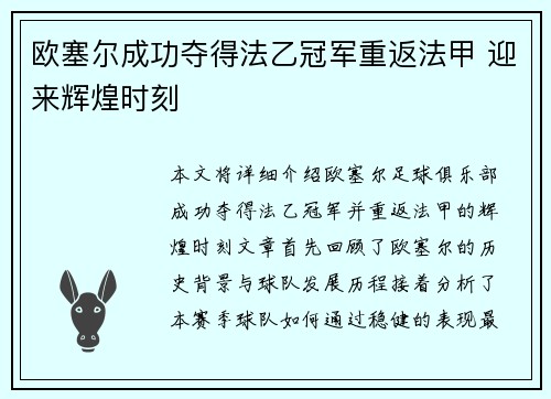 欧塞尔成功夺得法乙冠军重返法甲 迎来辉煌时刻